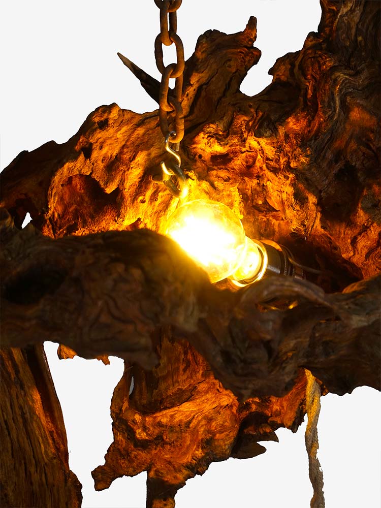 Lampada artigianale sospesa realizzata con radice naturale e struttura in ferro curvato, design unico fatto a mano in Italia.