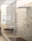 Bagno con piastrelle in bicottura decorate da 20x50cm della marca MGM, colorate di beige, spesse 8,5mm.
