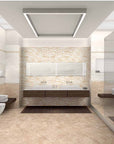 Bagno piastrellato con decori e muretto in bicottura della marca MGM di colore beige, arredato in stile contemporaneo.