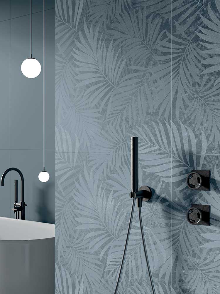 Ambiente con piastrelle di grande formato in pasta bianca della MGM, da 60x120cm della serie C.Art, stile Garden