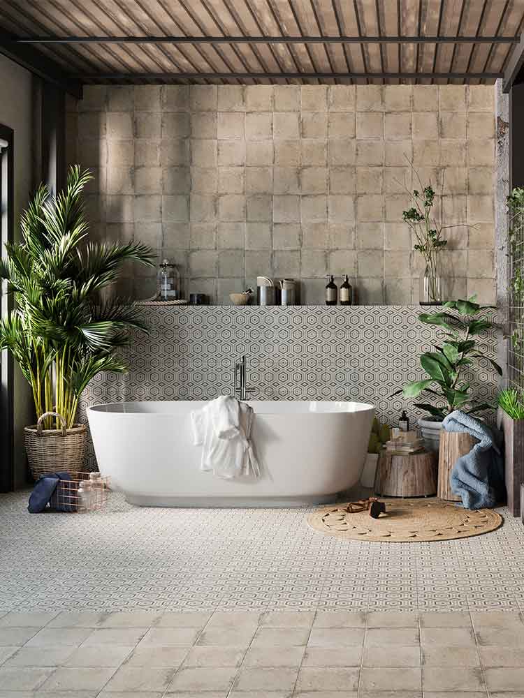  Bagno con piastrelle Spagnole in gres porcellanato della Mainzu, della serie Norland di colore Beige