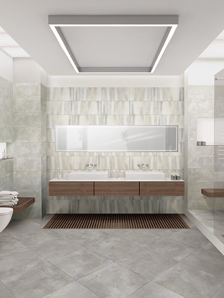 Bagno con piastrelle in gres porcellanato da 60x120cm, della Cotto Petrus